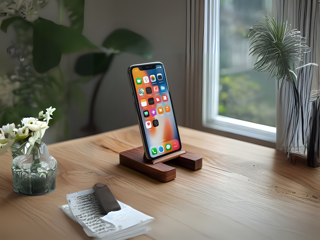 Handmade wooden phone stand with smartphone